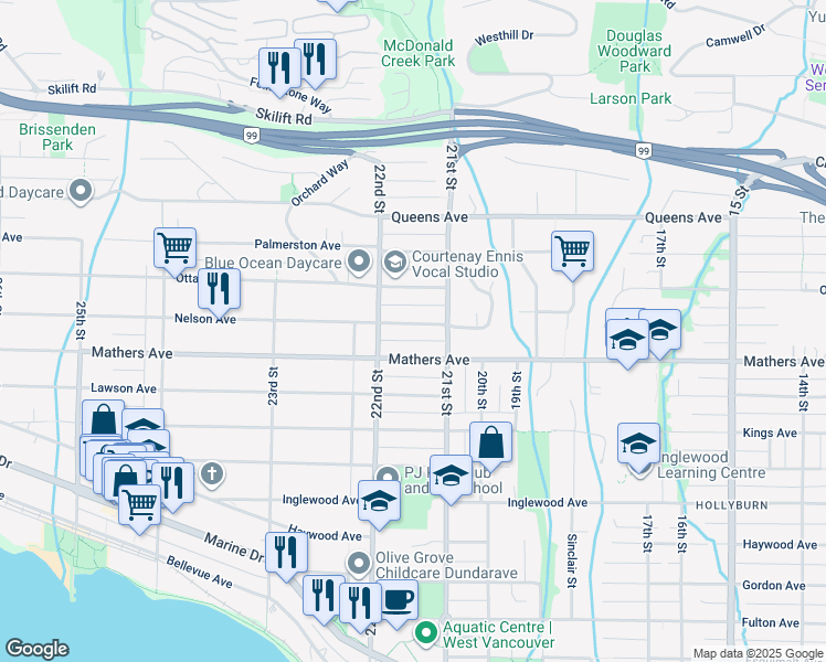 map of restaurants, bars, coffee shops, grocery stores, and more near 2150 Nelson Avenue in West Vancouver