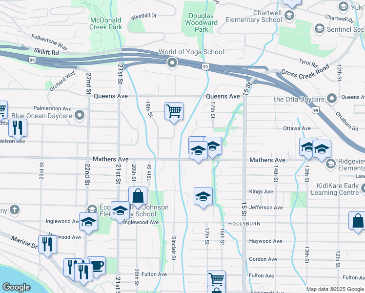 map of restaurants, bars, coffee shops, grocery stores, and more near 1764 Ottawa Place in West Vancouver