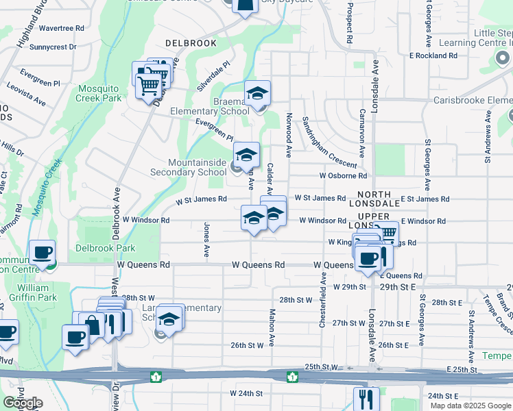 map of restaurants, bars, coffee shops, grocery stores, and more near 3272 Mahon Avenue in North Vancouver