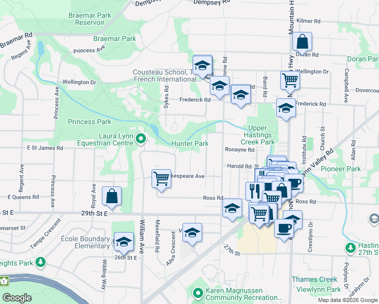 map of restaurants, bars, coffee shops, grocery stores, and more near 3255 Milton Avenue in North Vancouver