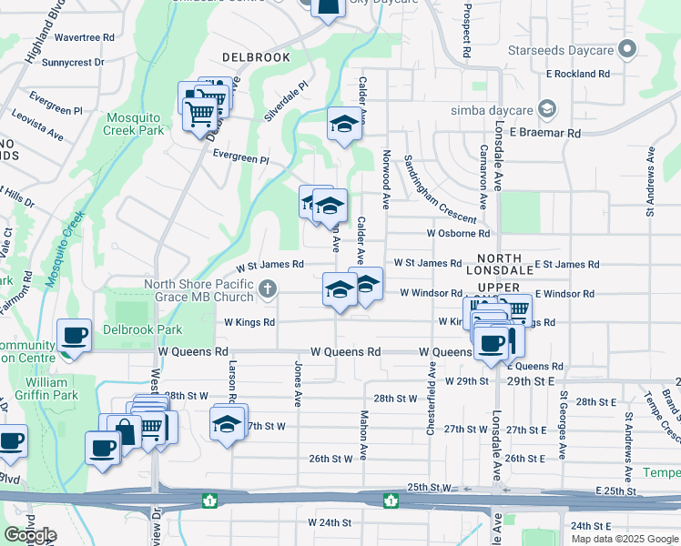 map of restaurants, bars, coffee shops, grocery stores, and more near 3272 Mahon Avenue in North Vancouver