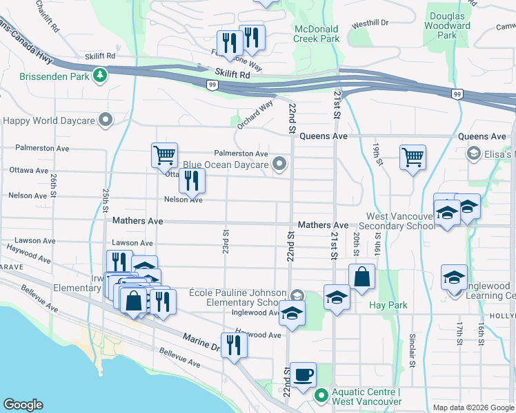 map of restaurants, bars, coffee shops, grocery stores, and more near 2250 Nelson Avenue in West Vancouver