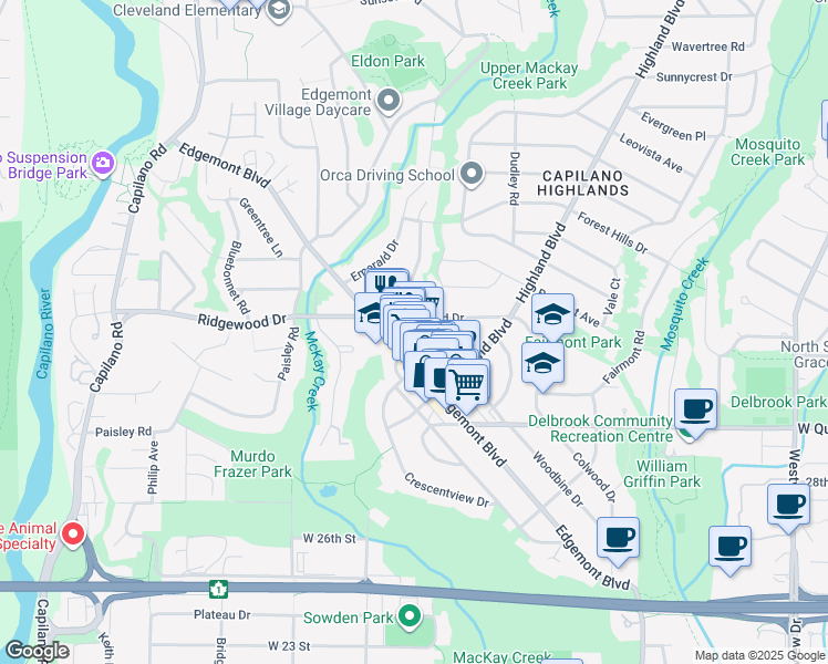 map of restaurants, bars, coffee shops, grocery stores, and more near 3220 Connaught Crescent in North Vancouver