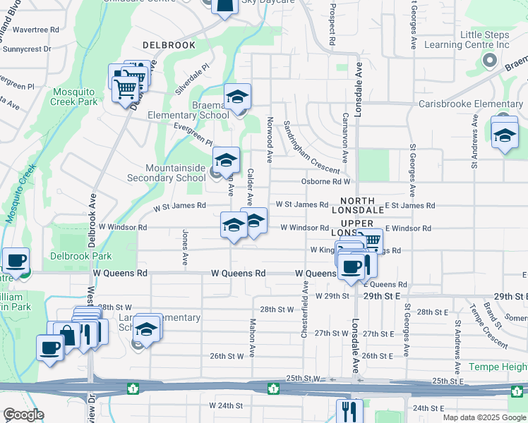 map of restaurants, bars, coffee shops, grocery stores, and more near 3263 Norwood Avenue in North Vancouver