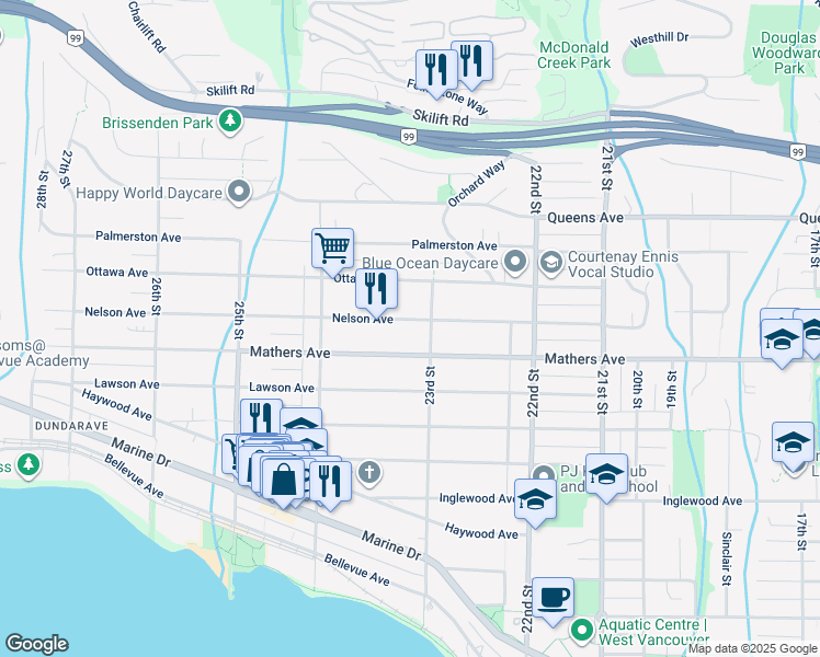 map of restaurants, bars, coffee shops, grocery stores, and more near 2316 Nelson Avenue in West Vancouver