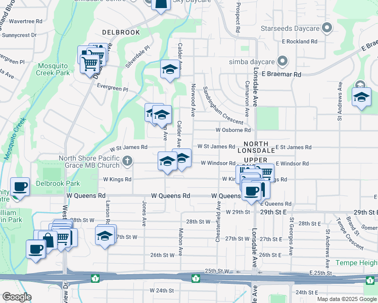 map of restaurants, bars, coffee shops, grocery stores, and more near 3263 Norwood Avenue in North Vancouver