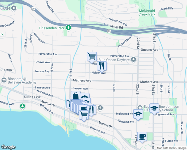 map of restaurants, bars, coffee shops, grocery stores, and more near 2384 Nelson Avenue in West Vancouver