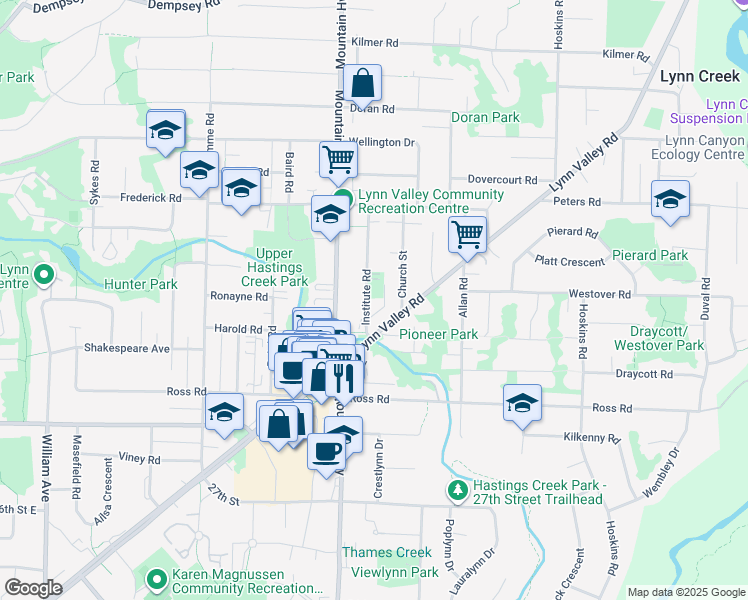map of restaurants, bars, coffee shops, grocery stores, and more near 3296 Institute Road in North Vancouver
