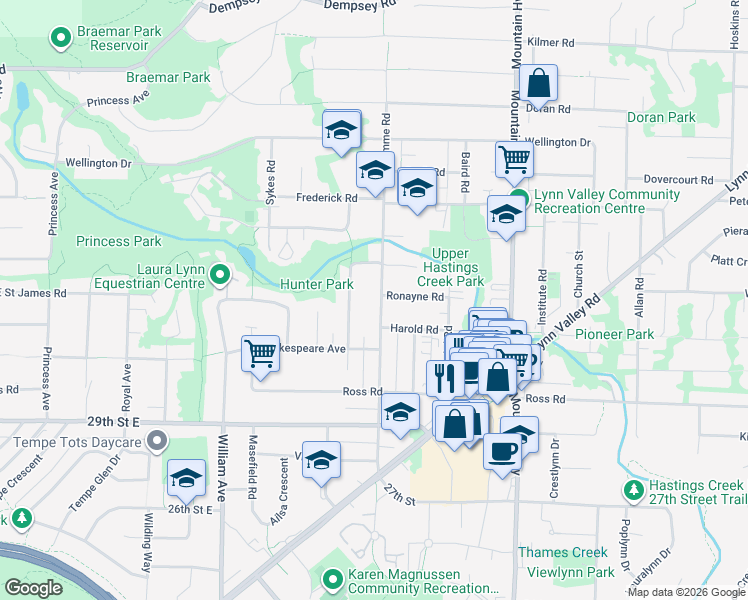 map of restaurants, bars, coffee shops, grocery stores, and more near in North Vancouver