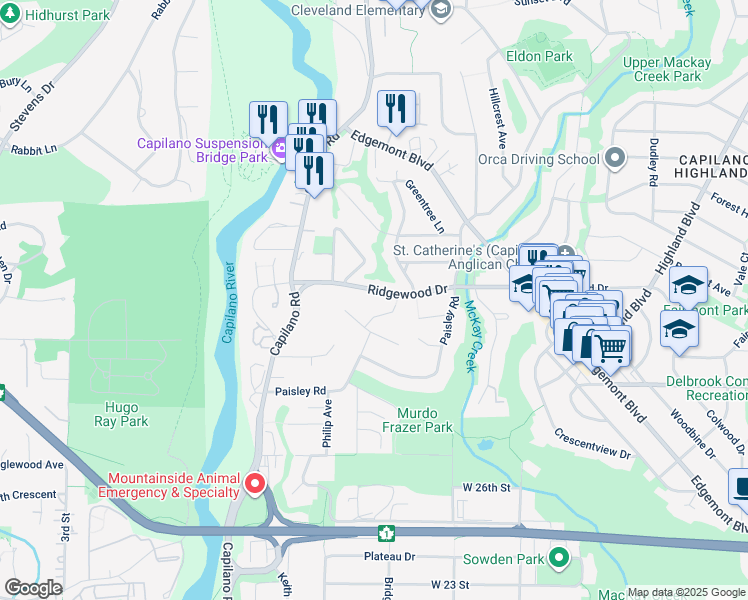 map of restaurants, bars, coffee shops, grocery stores, and more near 1335 Ridgewood Drive in North Vancouver