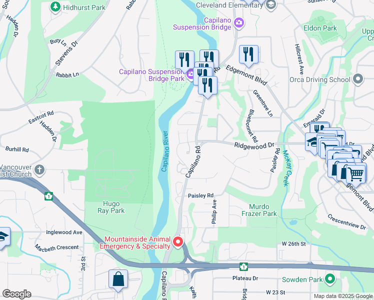 map of restaurants, bars, coffee shops, grocery stores, and more near 3288 Capilano Crescent in North Vancouver