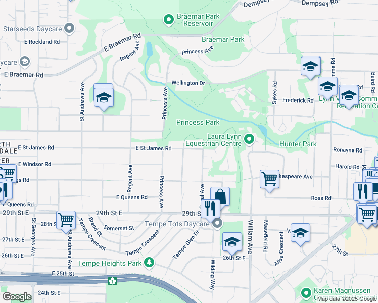 map of restaurants, bars, coffee shops, grocery stores, and more near 713 East Saint James Road in North Vancouver