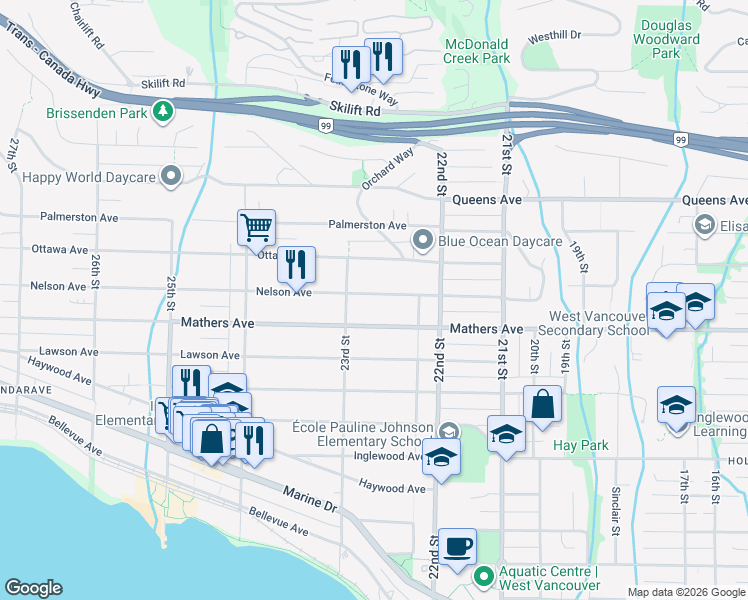 map of restaurants, bars, coffee shops, grocery stores, and more near 2272 Nelson Avenue in West Vancouver