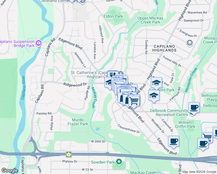 map of restaurants, bars, coffee shops, grocery stores, and more near 1133 Ridgewood Drive in North Vancouver