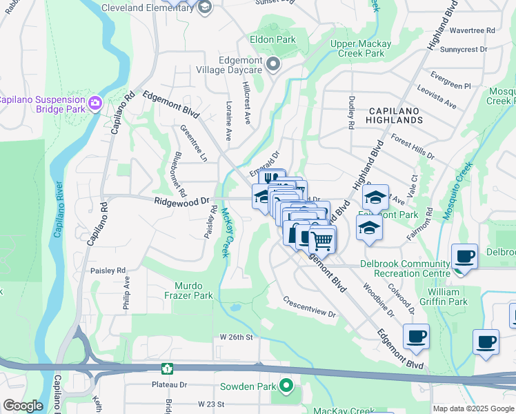 map of restaurants, bars, coffee shops, grocery stores, and more near 1133 Ridgewood Drive in North Vancouver