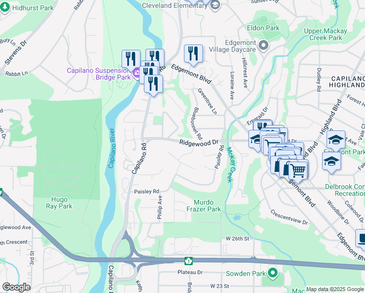 map of restaurants, bars, coffee shops, grocery stores, and more near 1335 Ridgewood Drive in North Vancouver