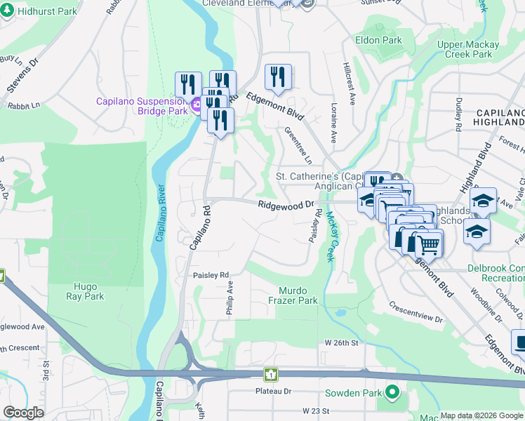 map of restaurants, bars, coffee shops, grocery stores, and more near 1335 Ridgewood Drive in North Vancouver