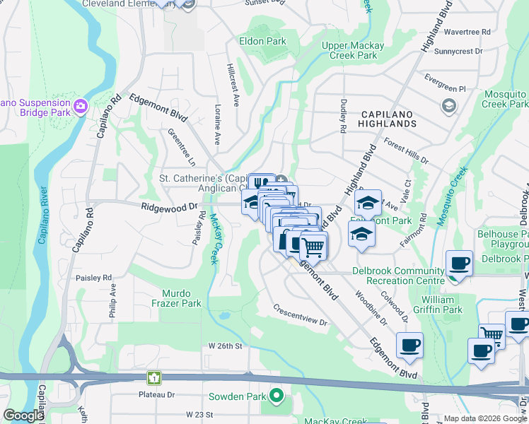 map of restaurants, bars, coffee shops, grocery stores, and more near 3270 Edgemont Boulevard in North Vancouver
