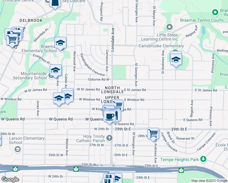 map of restaurants, bars, coffee shops, grocery stores, and more near 107 East Saint James Road in North Vancouver