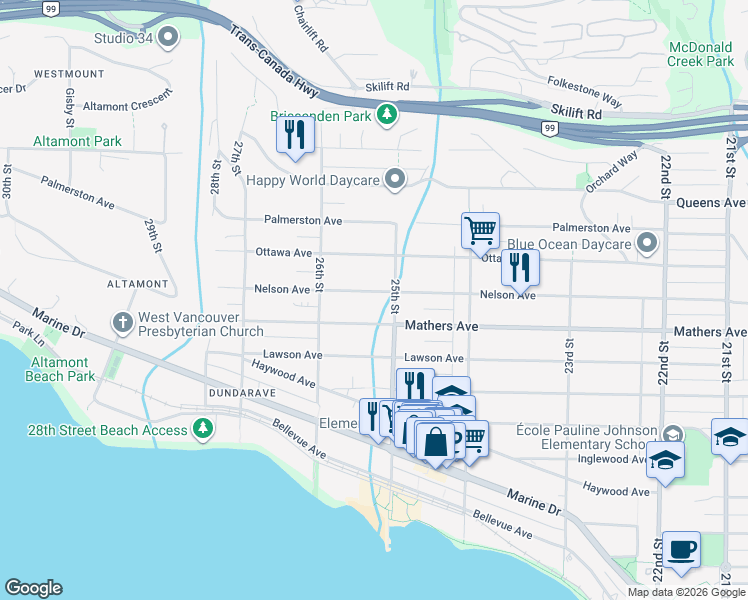 map of restaurants, bars, coffee shops, grocery stores, and more near 2522 Nelson Avenue in West Vancouver