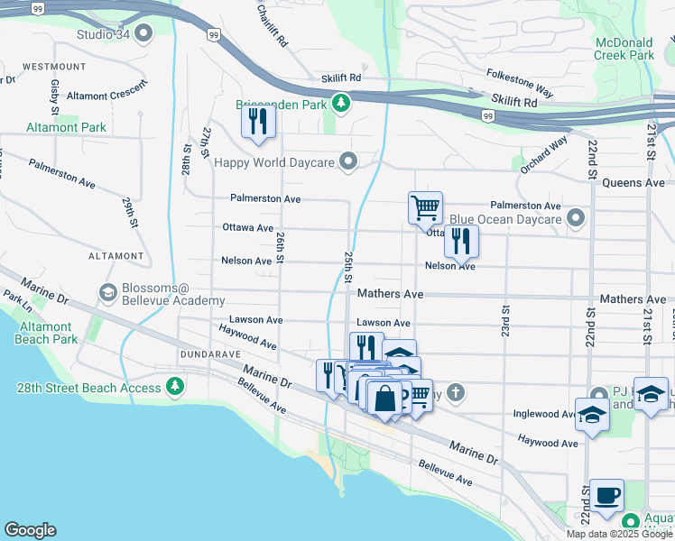 map of restaurants, bars, coffee shops, grocery stores, and more near 2512 Nelson Avenue in West Vancouver