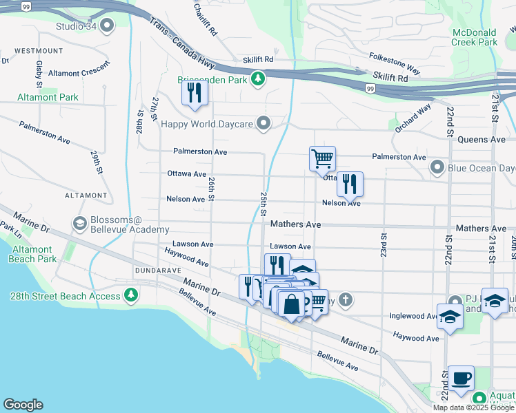 map of restaurants, bars, coffee shops, grocery stores, and more near 2508 Nelson Avenue in West Vancouver
