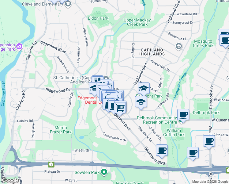 map of restaurants, bars, coffee shops, grocery stores, and more near 1045 Ridgewood Drive in North Vancouver