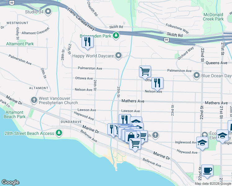 map of restaurants, bars, coffee shops, grocery stores, and more near 2508 Nelson Avenue in West Vancouver
