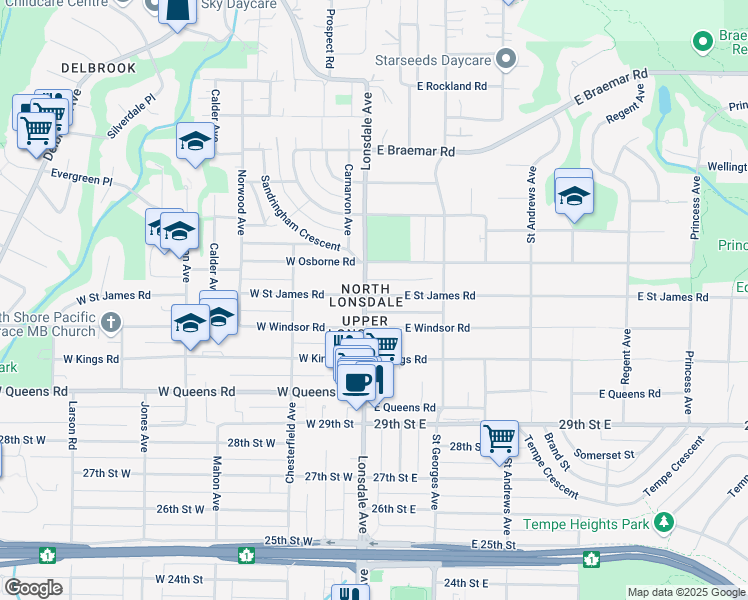 map of restaurants, bars, coffee shops, grocery stores, and more near 107 East Saint James Road in North Vancouver