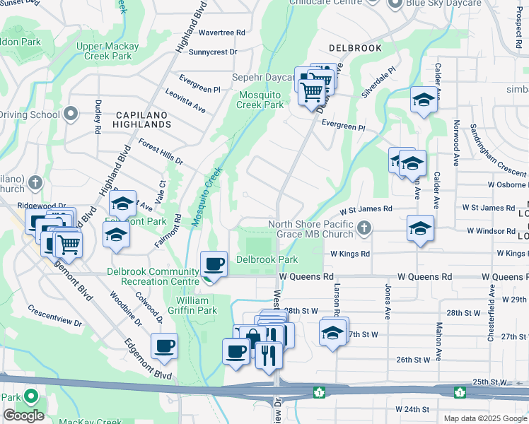 map of restaurants, bars, coffee shops, grocery stores, and more near 715 Kilkeel Place in North Vancouver