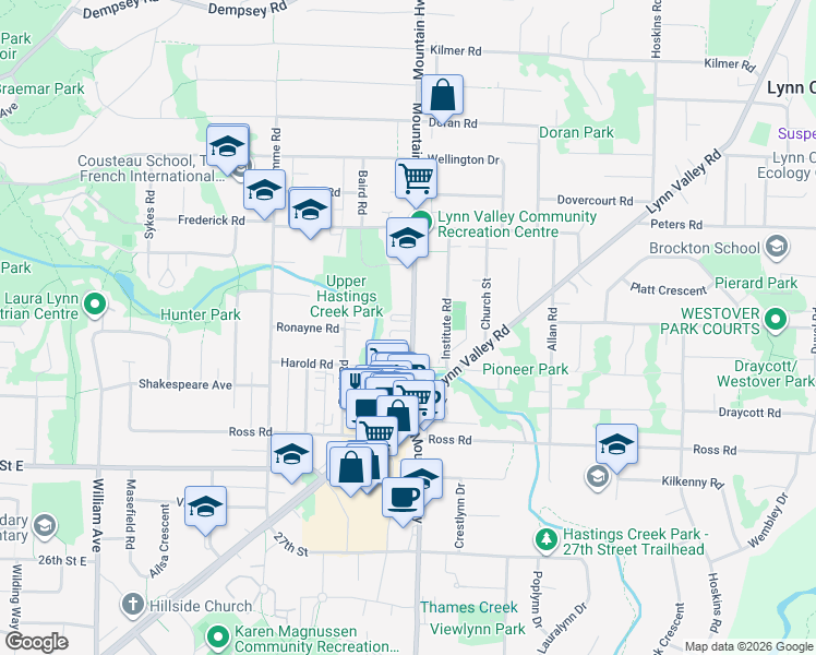 map of restaurants, bars, coffee shops, grocery stores, and more near 3321 Mountain Highway in North Vancouver