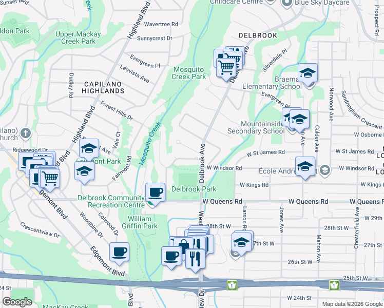 map of restaurants, bars, coffee shops, grocery stores, and more near 715 Kilkeel Place in North Vancouver