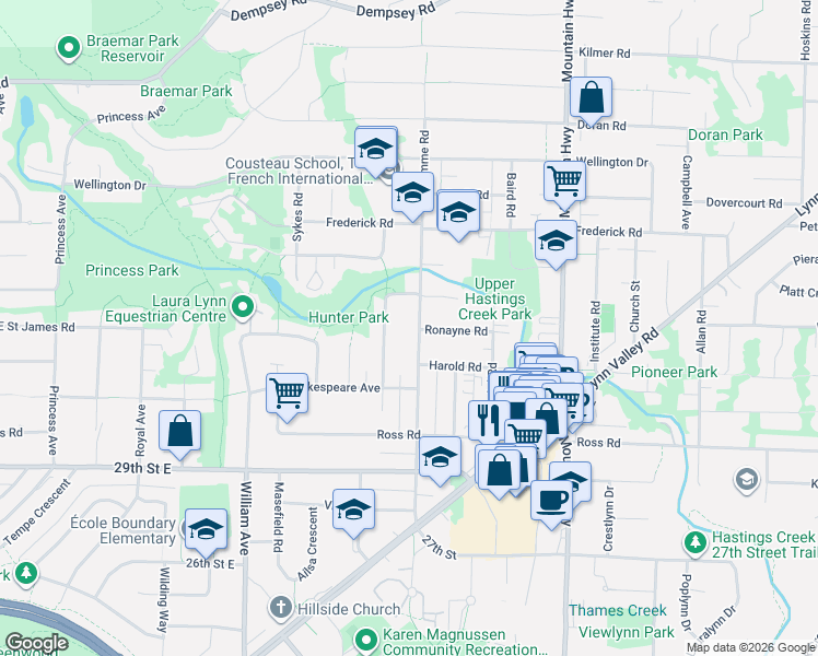 map of restaurants, bars, coffee shops, grocery stores, and more near 3297 Fromme Road in North Vancouver