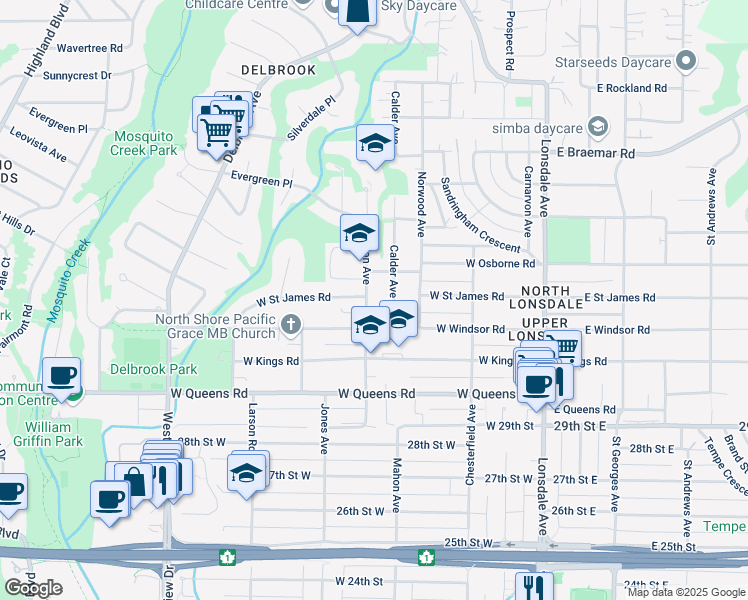 map of restaurants, bars, coffee shops, grocery stores, and more near 3300 Mahon Avenue in North Vancouver