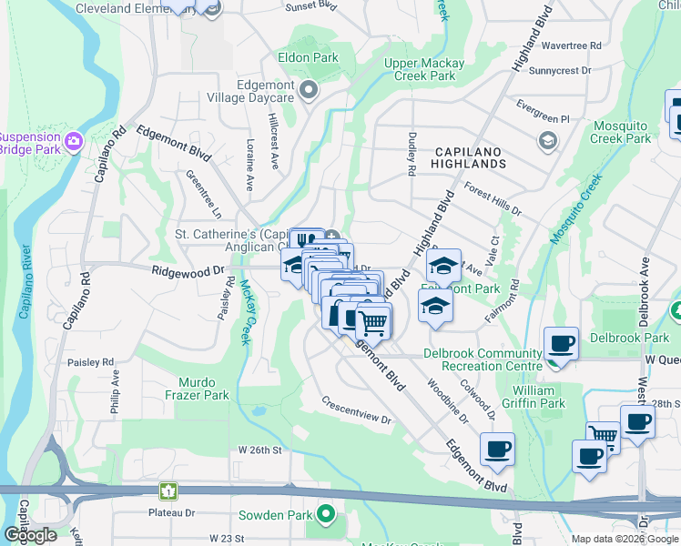 map of restaurants, bars, coffee shops, grocery stores, and more near in North Vancouver