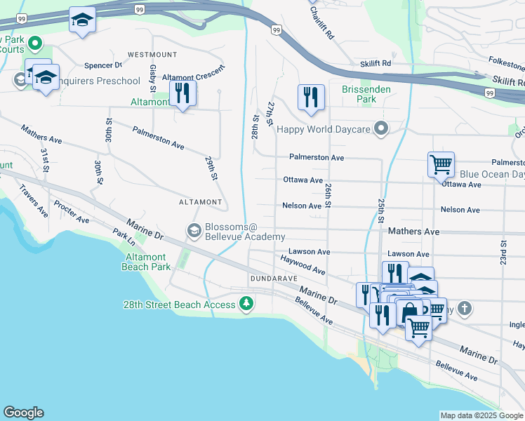 map of restaurants, bars, coffee shops, grocery stores, and more near 2758 Nelson Avenue in West Vancouver