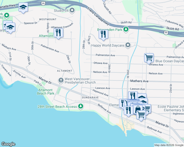 map of restaurants, bars, coffee shops, grocery stores, and more near 2692 Nelson Avenue in West Vancouver