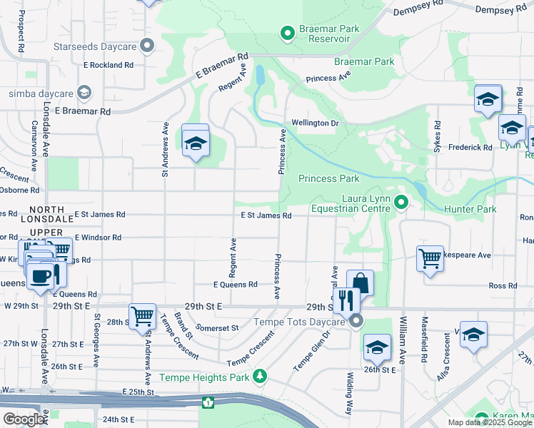 map of restaurants, bars, coffee shops, grocery stores, and more near 658 East Saint James Road in North Vancouver