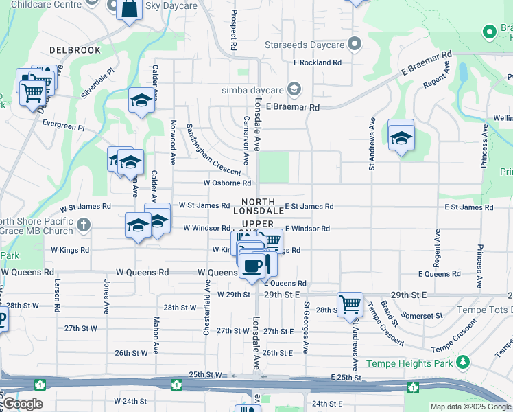 map of restaurants, bars, coffee shops, grocery stores, and more near 108 West Saint James Road in North Vancouver