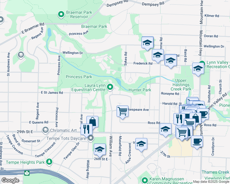 map of restaurants, bars, coffee shops, grocery stores, and more near 3348 Tennyson Crescent in North Vancouver