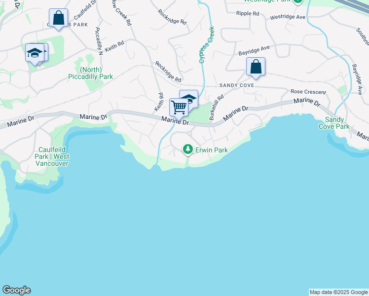 map of restaurants, bars, coffee shops, grocery stores, and more near 4358 Erwin Drive in West Vancouver