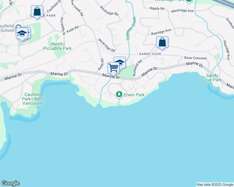 map of restaurants, bars, coffee shops, grocery stores, and more near 4358 Erwin Drive in West Vancouver