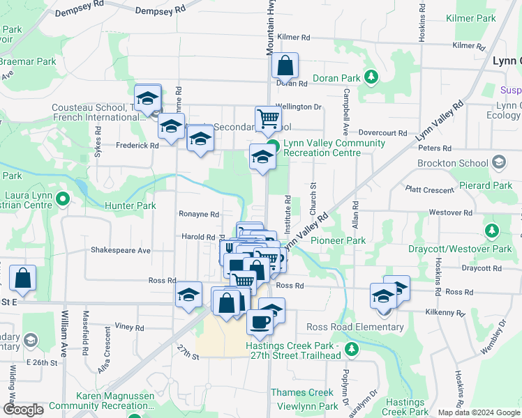 map of restaurants, bars, coffee shops, grocery stores, and more near 3351 Mountain Highway in North Vancouver