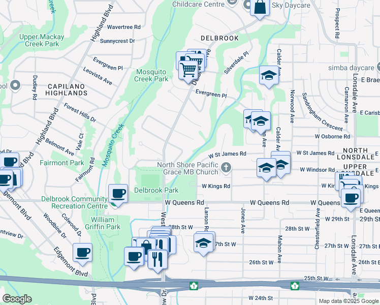 map of restaurants, bars, coffee shops, grocery stores, and more near 670 Saint Ives Crescent in North Vancouver