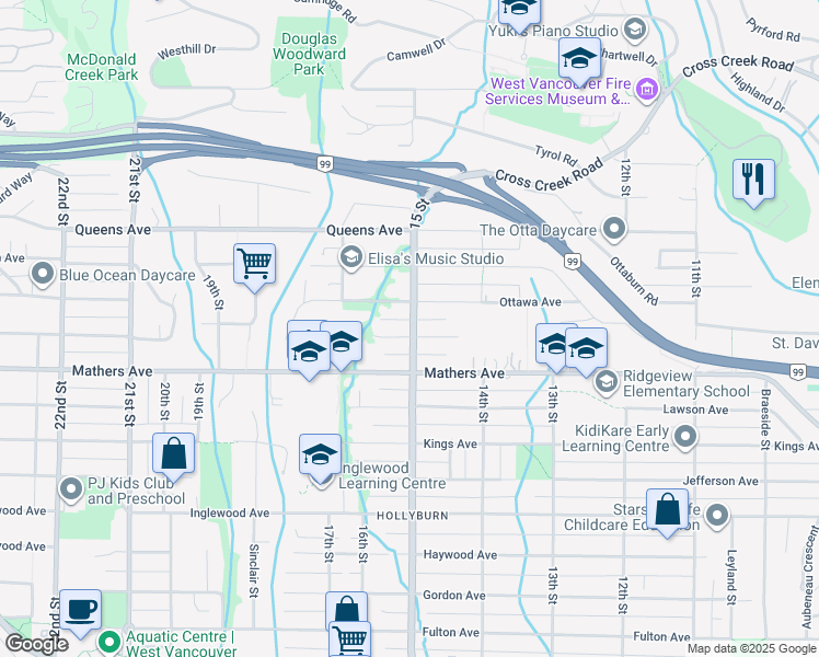 map of restaurants, bars, coffee shops, grocery stores, and more near in West Vancouver