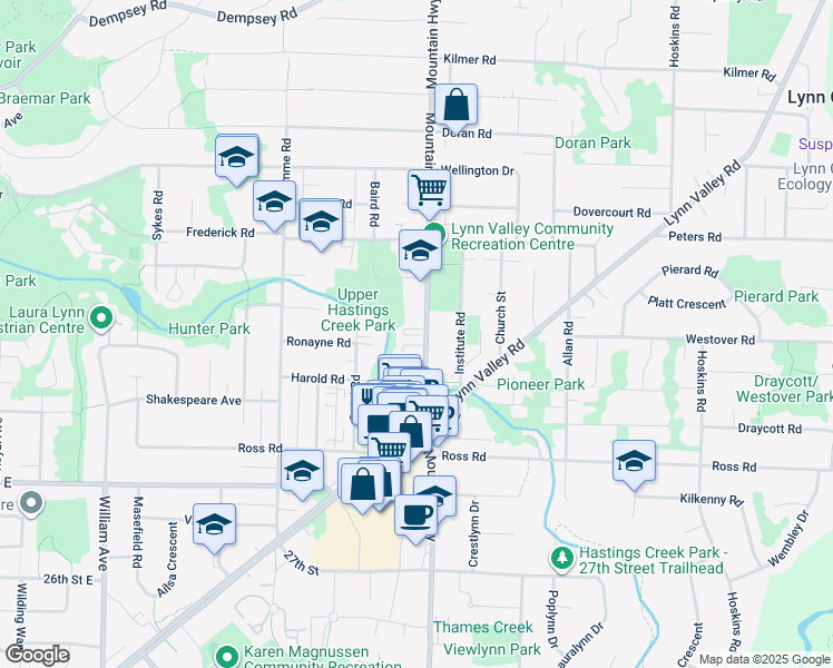 map of restaurants, bars, coffee shops, grocery stores, and more near 3349 Mountain Highway in North Vancouver