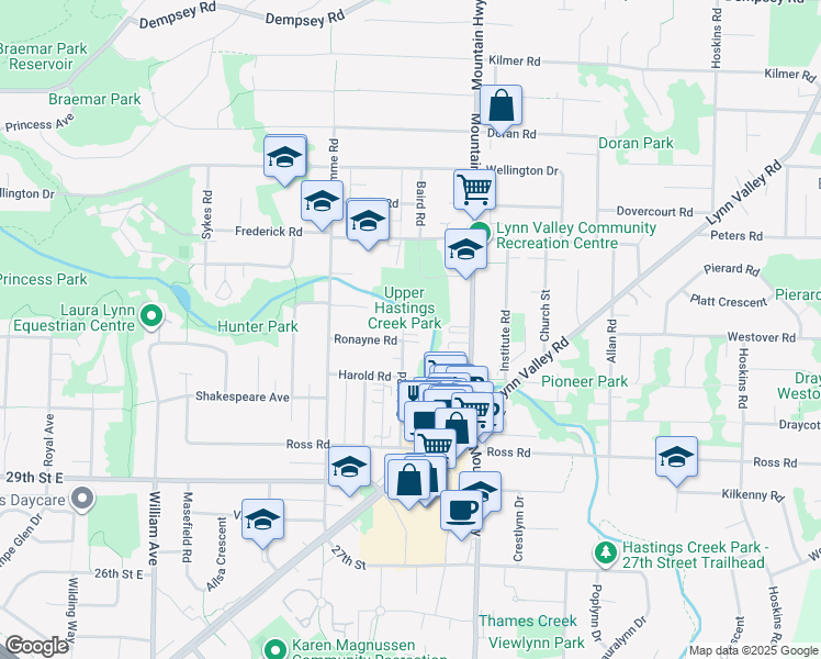 map of restaurants, bars, coffee shops, grocery stores, and more near 3360 Baird Road in North Vancouver