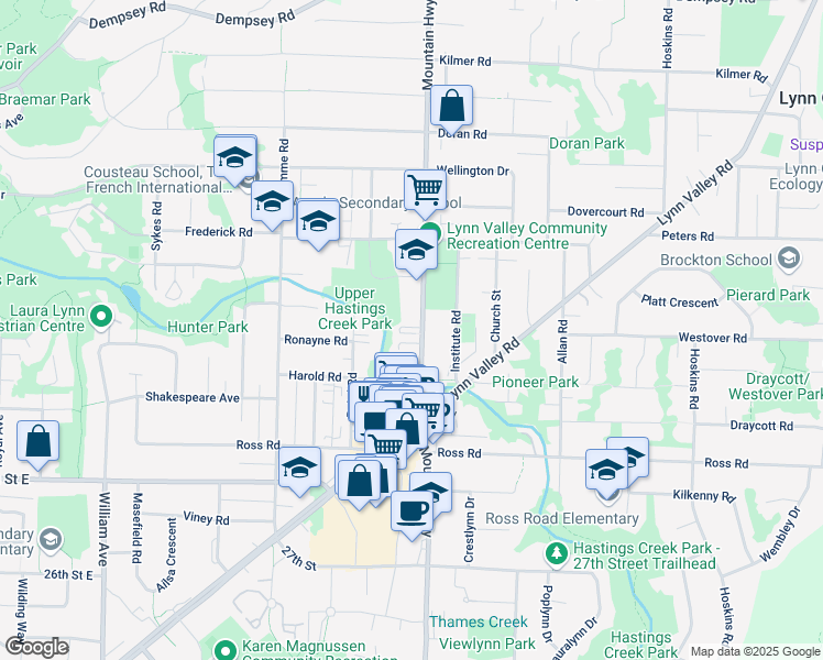 map of restaurants, bars, coffee shops, grocery stores, and more near 3281 Mountain Highway in North Vancouver