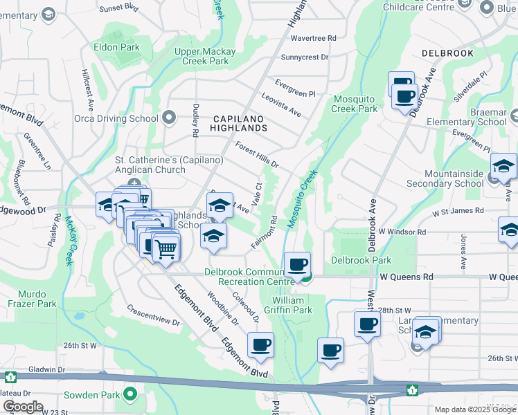 map of restaurants, bars, coffee shops, grocery stores, and more near 3340 Vale Court in North Vancouver