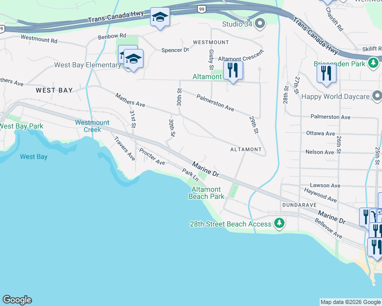 map of restaurants, bars, coffee shops, grocery stores, and more near 2975 Marine Drive in West Vancouver